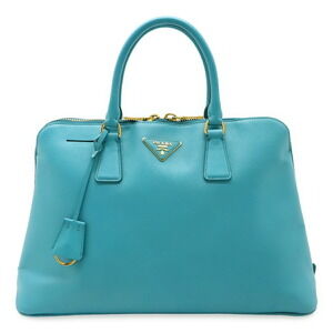 Prada Triangle Logo Plate Handbag Tote Bag Saffiano Turquoise Blue